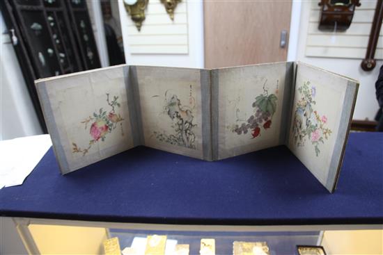 A Japanese concertina book of naturalistic paintings on silk, Meiji period, 25 x 24cm